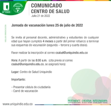 Este lunes, jornada de Vacunación refuerzo | Centro de Salud Uniquindío