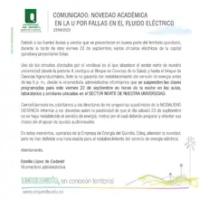 Comunicado | Novedad académica en la U por fallas en el flujo eléctrico