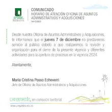 Comunciado | Horario Asuntos Administrativos y Adquisiciones