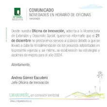 Comunicado Horario Oficina de Innovación