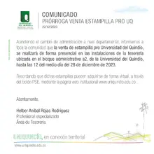 Comunicado Prórroga venta estampilla pro uq